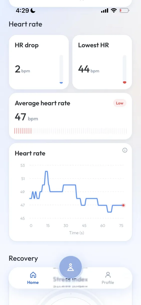 Azora heart rate results showing BPM, stress index, and recovery metrics.